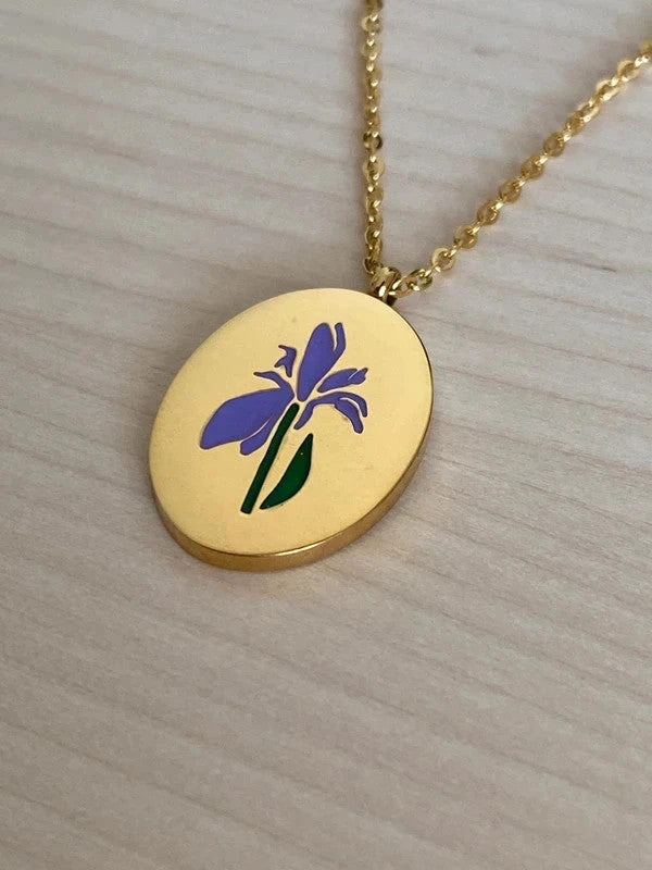Collier floral en acier inoxydable, pendentif fleur Iris, cadeau pour elle