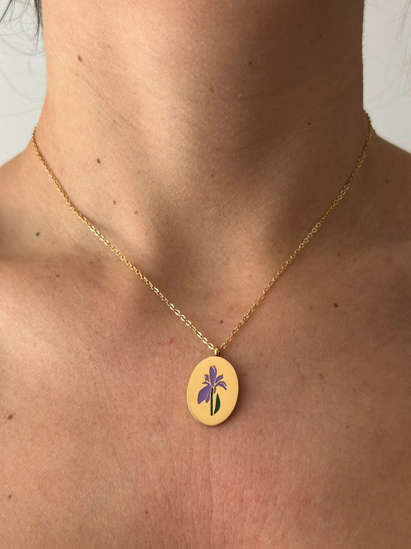 Collier floral en acier inoxydable, pendentif fleur Iris, cadeau pour elle