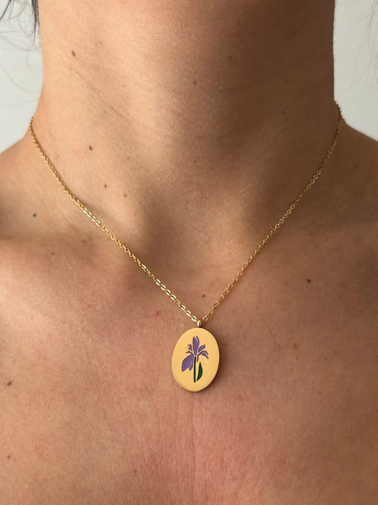 Collier floral en acier inoxydable, pendentif fleur Iris, cadeau pour elle