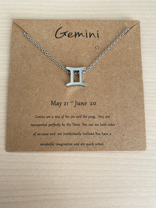 Collier pendentif zodiaque en acier inoxydable, collier chaîne argentée, signe gémeaux, idée cadeau