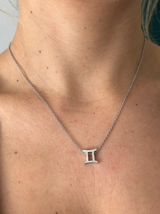 Collier pendentif zodiaque en acier inoxydable, collier chaîne argentée, signe gémeaux, idée cadeau