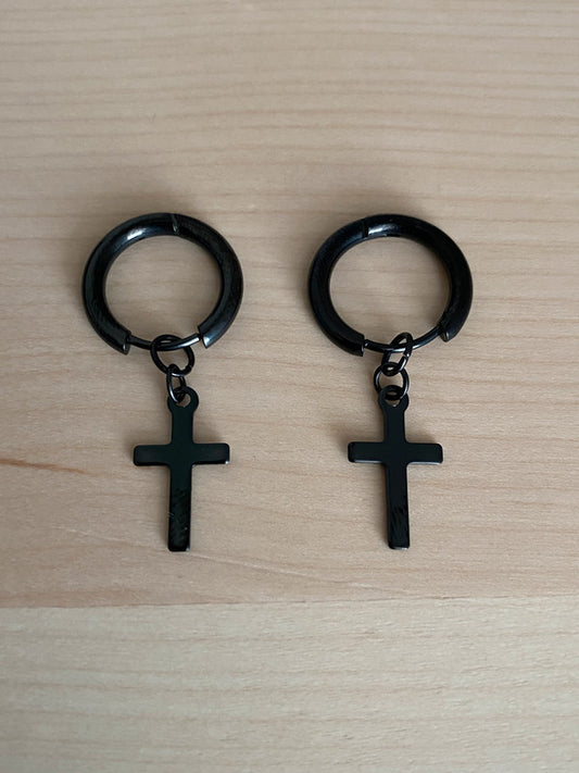 Boucle d'oreille pendante croix en noir, Créoles pendantes croisées, bijou minimaliste, religieux