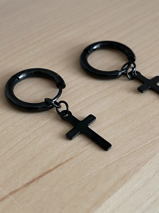 Boucle d'oreille pendante croix en noir, Créoles pendantes croisées, bijou minimaliste, religieux