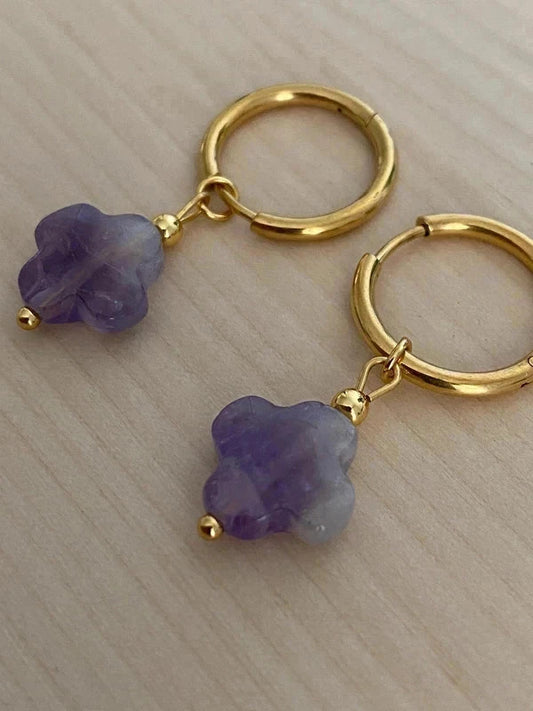 Boucle d'oreille créole trèfle en pierre naturelle, bijou en acier inoxydable doré
