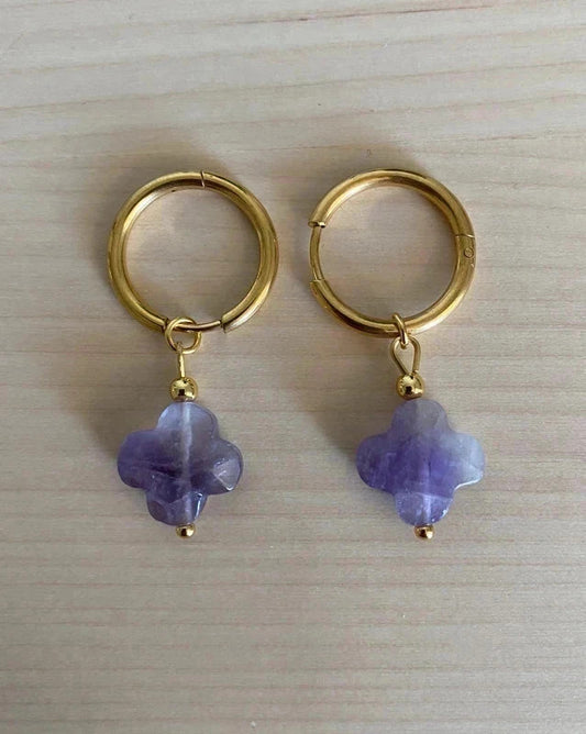 Boucle d'oreille créole trèfle en pierre naturelle, bijou en acier inoxydable doré