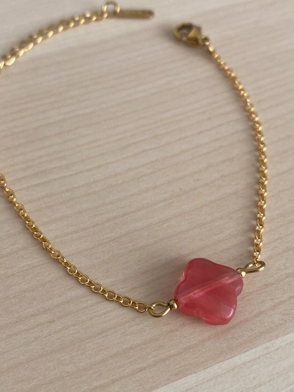 Bracelet pierre naturelle trèfle, bracelet à breloques, chaîne acier inoxydable, Saint Valentin