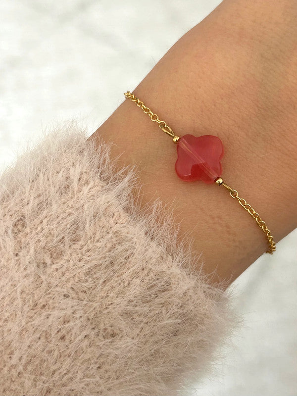 Bracelet pierre naturelle trèfle, bracelet à breloques, chaîne acier inoxydable, Saint Valentin