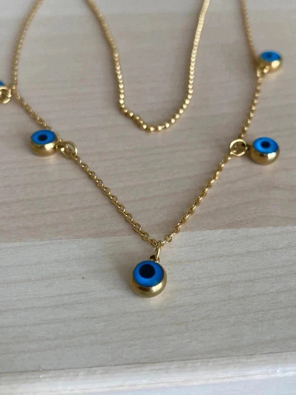 Collier femme acier inoxydable, collier greque oeil, chaîne double dorée, nazar