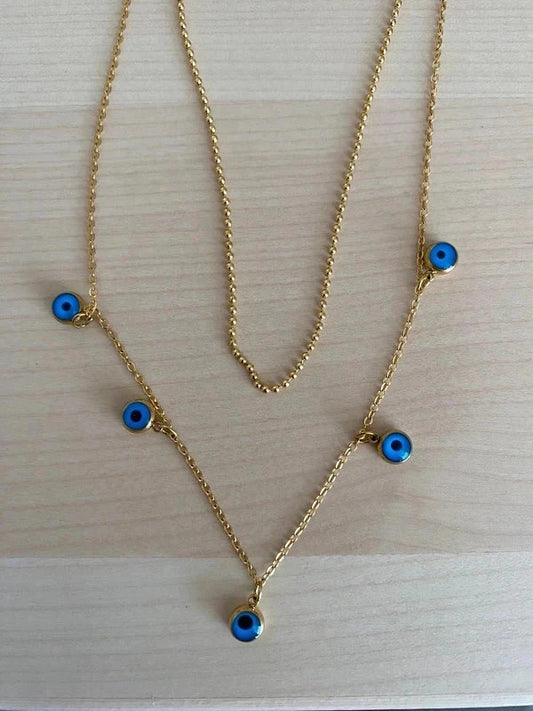 Collier femme acier inoxydable, collier greque oeil, chaîne double dorée, nazar