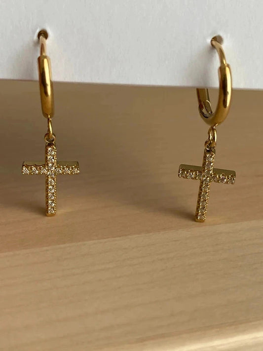 Boucle d'oreille pendante croix, créoles pendantes croisées, bijou minimaliste, religieux