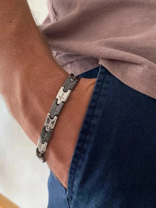 Bracelet de poignet acier inoxydable, bracelet homme à maillons avec le motif croix, cadeau pour lui