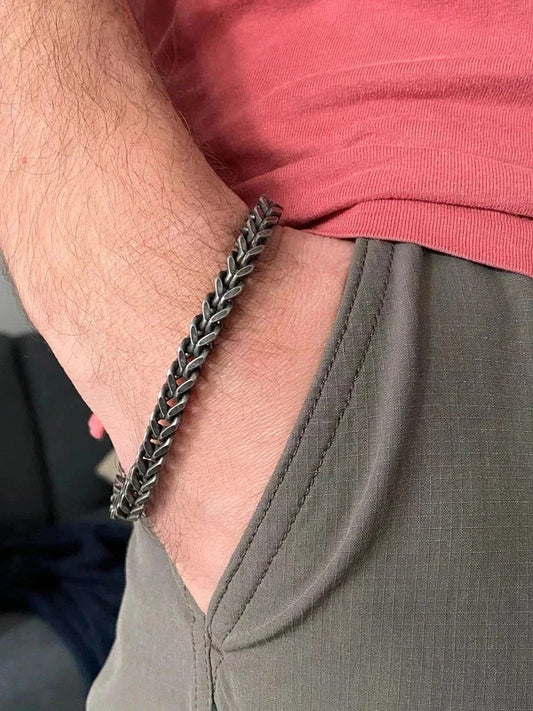 Bracelet homme à maillons en forme blé, bracelet acier inoxydable modèle antique, cadeau pour lui