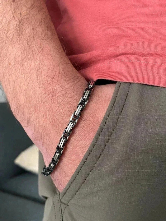 Bracelet homme acier inoxydable argent-noir, bracelet chaîne viking, cadeau noël, cadeau pour lui