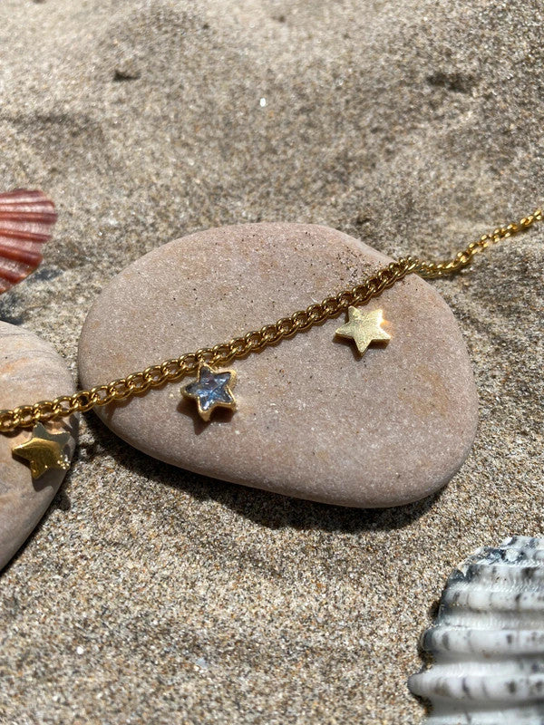 Bracelet de cheville avec pendentifs en forme d'étoile avec zircon, chaîne en acier inoxydable doré