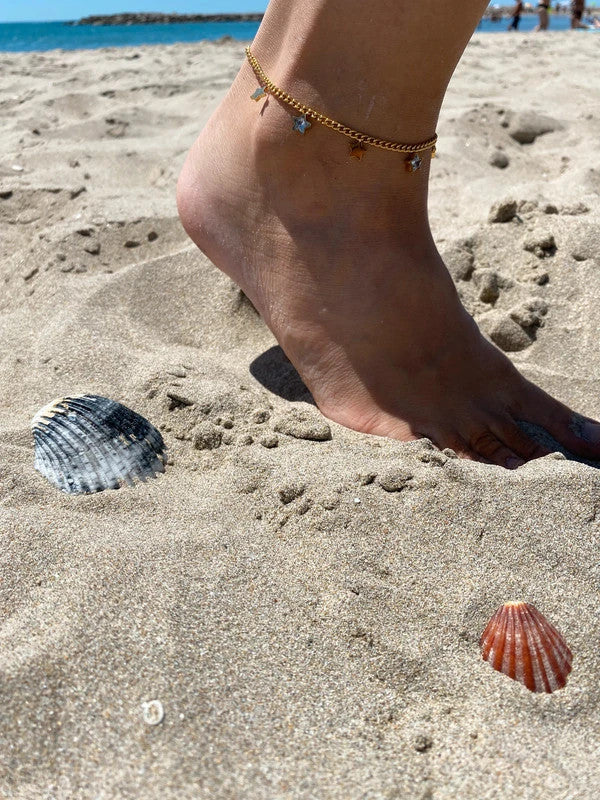 Bracelet de cheville avec pendentifs en forme d'étoile avec zircon, chaîne en acier inoxydable doré