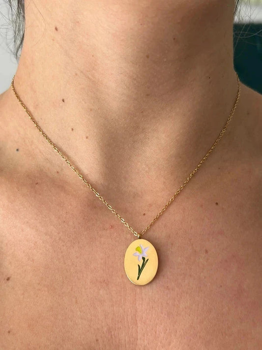 Collier floral en acier inoxydable, pendentif fleur Jonquille, cadeau pour elle