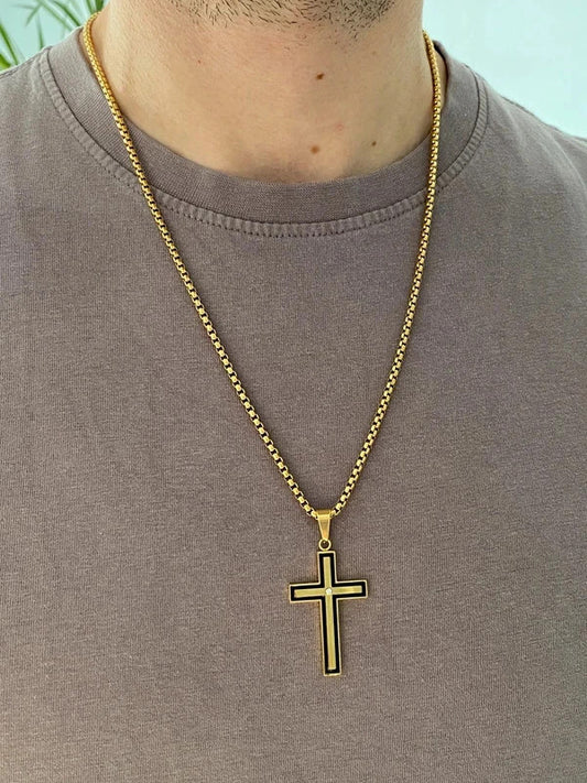 Collier pendante croix acier inoxydable doré, collier chaîne chrétienne, collier homme, religieux