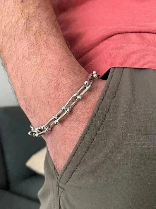 Bracelet homme à maillons en forme U, bracelet fer à cheval, bracelet acier inoxydable argenté