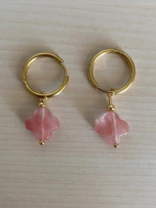 Boucle d'oreille créole trèfle en pierre naturelle, bijou en acier inoxydable doré