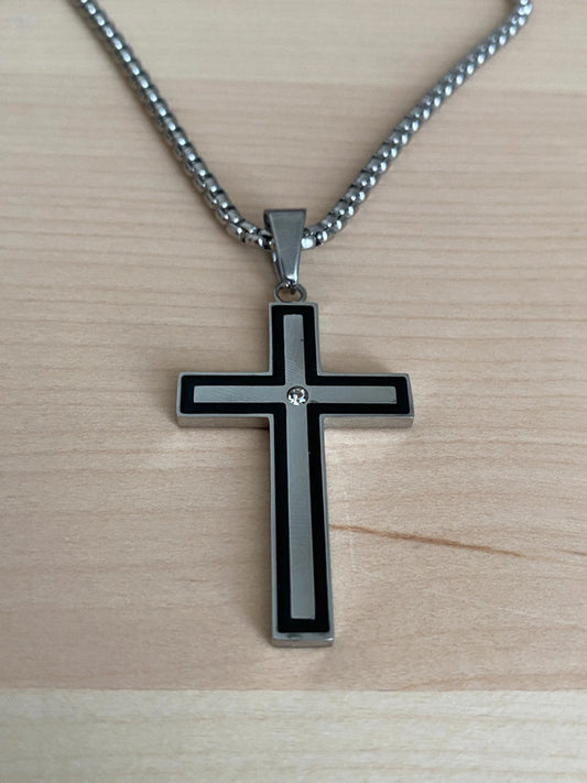 Collier pendante croix acier inoxydable argenté, collier chaîne chrétienne, homme, cadeau religieux