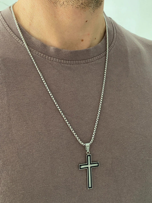 Collier pendante croix acier inoxydable argenté, collier chaîne chrétienne, homme, cadeau religieux