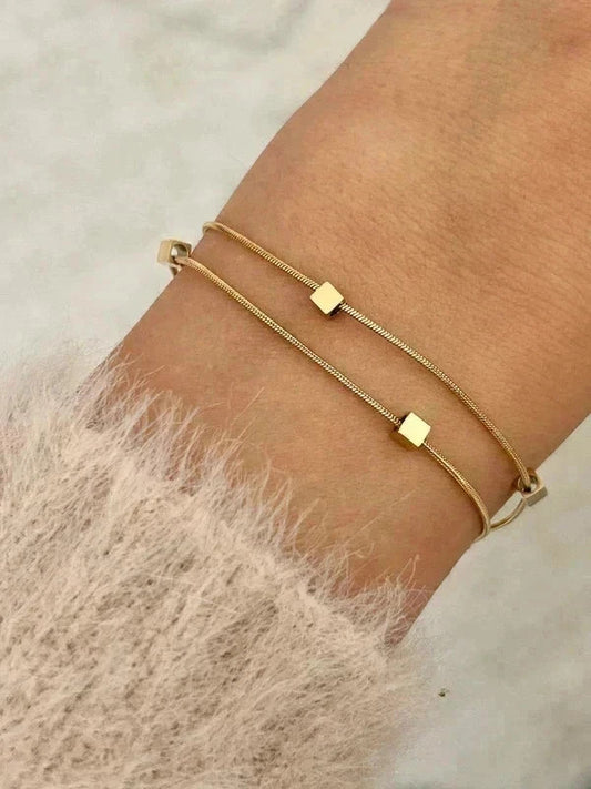 Bracelet double chaîne dorée en acier inoxydable avec mini cubes, bracelet femme