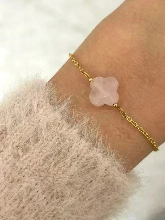 Bracelet pierre naturelle trèfle, bracelet à breloques, chaîne acier inoxydable, cadeau pour elle