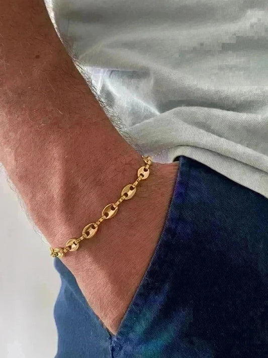 Bracelet homme acier inoxydable doré, bracelet chaîne graine de café, cadeau papa, cadeau pour lui