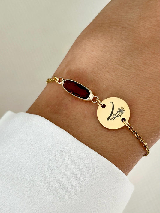Bracelet prénom pierre de naissance, bracelet personnalisé lettre florale, bracelet lettre initiale, cadeau maman, cadeau fête des mères
