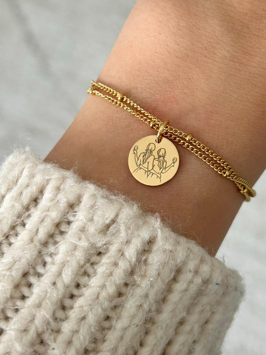 Bracelet femme personnalisé en acier inoxydable, bracelet sœur de cœur, breloque ronde, bracelet double chaîne, cadeau personnalisé