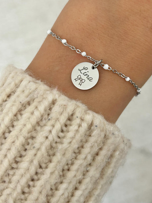 Bracelet femme personnalisé en acier inoxydable, bracelet prénom gravure, breloque ronde, bracelet chaîne ajustable, fête des mères