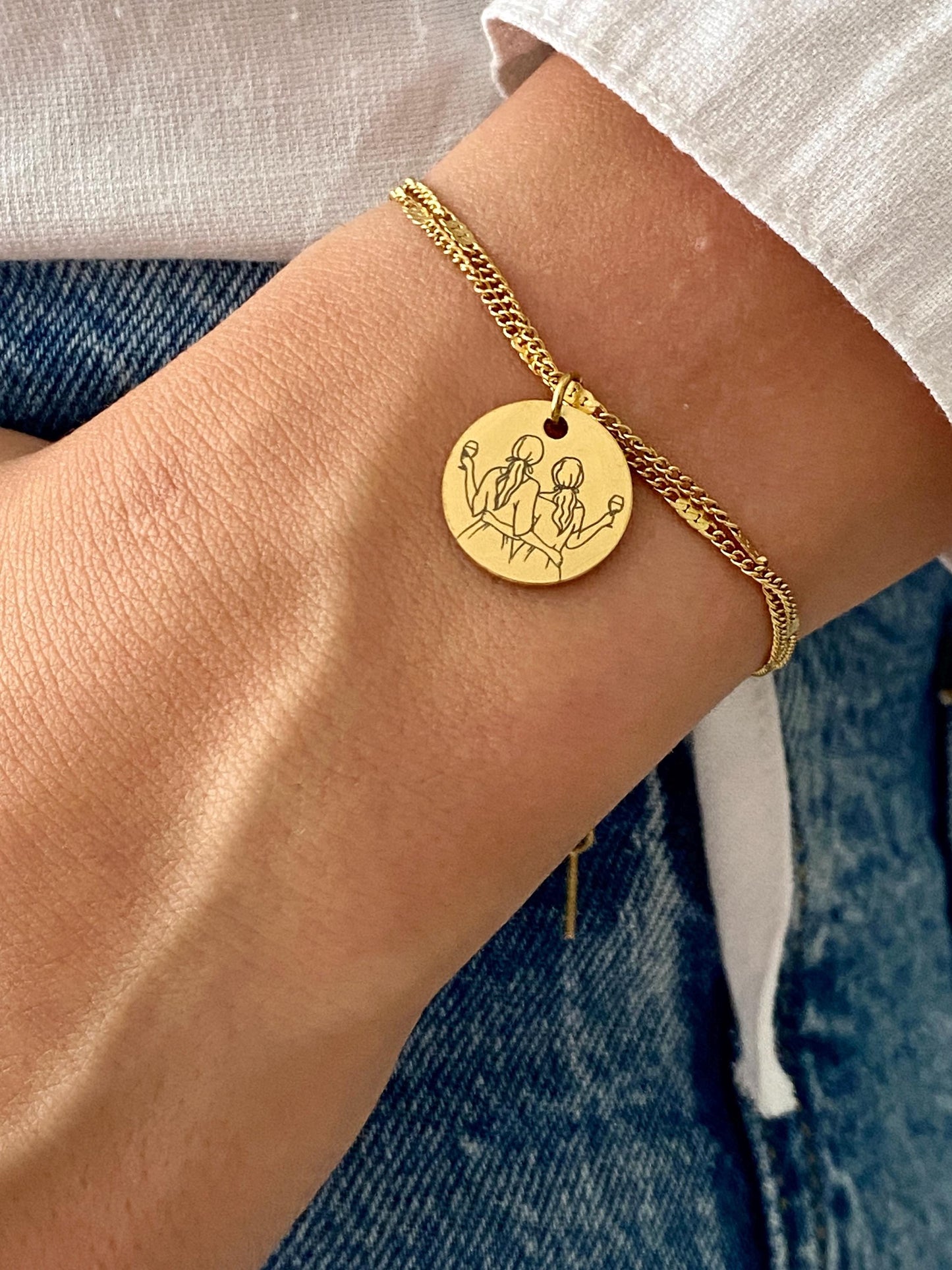 Bracelet femme personnalisé en acier inoxydable, bracelet sœur de cœur, breloque ronde, bracelet double chaîne, cadeau personnalisé