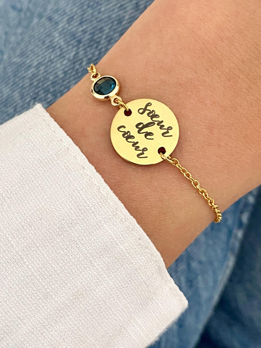 Bracelet femme personnalisé en acier inoxydable avec pierre de naissance, bracelet sœur de cœur, bracelet breloque ronde, cadeau amitié