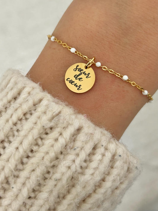 Bracelet femme personnalisé en acier inoxydable, bracelet sœur de cœur, bracelet breloque ronde, bracelet chaîne ajustable, cadeau sœur