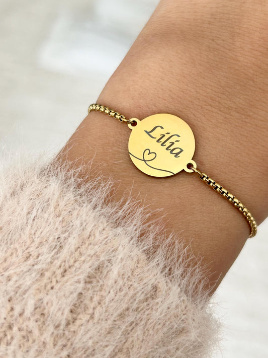 Bracelet personnalisable acier inoxydable, bracelet prénom personnalisé, bracelet breloque ronde, bracelet chaîne ajustable, fête des mères
