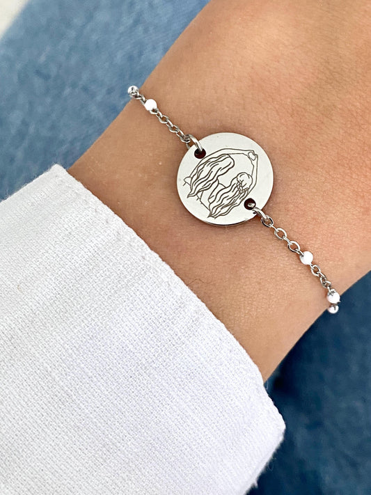 Bracelet femme personnalisé en acier inoxydable, bracelet sœur de cœur, bracelet breloque ronde, bracelet chaîne ajustable, cadeau amitié