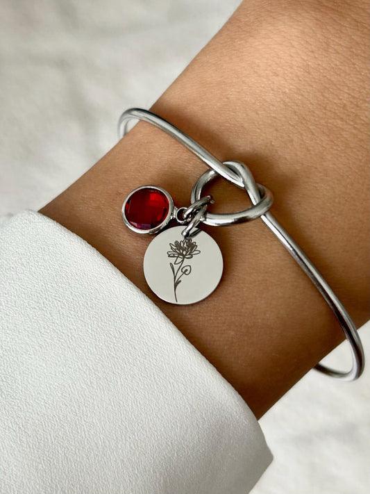 Bracelet jonc floral pierre de naissance,  bracelet fleur de naissance, bracelet personnalisé maman, cadeau marraine, cadeau fête des mères