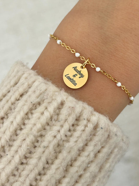 Bracelet femme personnalisé en acier inoxydable, bracelet prénom gravure, breloque ronde, bracelet chaîne ajustable, fête des mères