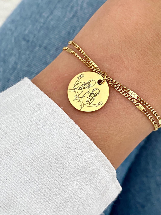 Bracelet femme personnalisé en acier inoxydable, bracelet sœur de cœur, breloque ronde, bracelet double chaîne, cadeau personnalisé
