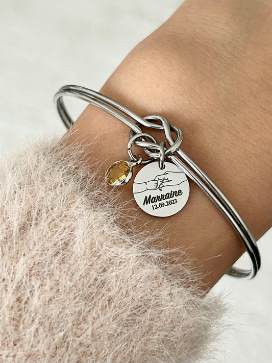 Bracelet jonc marraine avec pierre de naissance,  bracelet marraine personnalisé, bracelet femme personnalisé, cadeau fête des mères