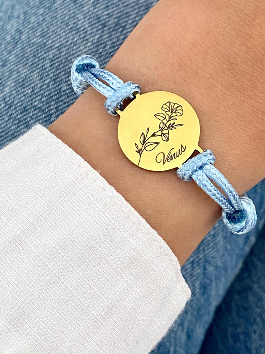 Bracelet Cordon Personnalisé, Bracelet Ajustable, Gravure au Choix, Bracelet Fleur de Naissance, Cadeau Maman, Bijou Minimaliste