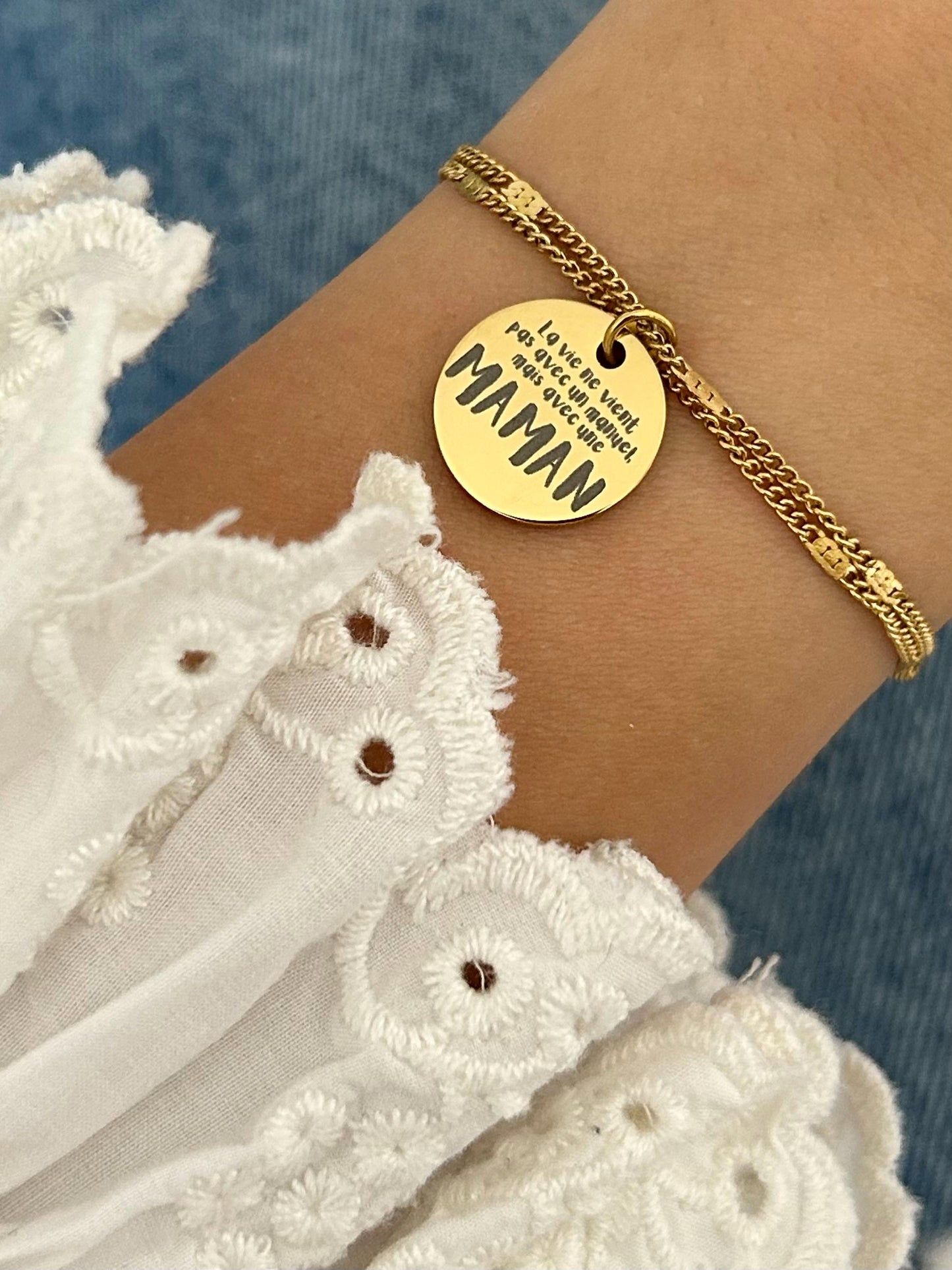 Bracelet Maman Personnalisé, Bijou Maman Personnalisé, Breloque Gravée, Bracelet Double Chaîne Ajustable, Cadeau Fête des Mères