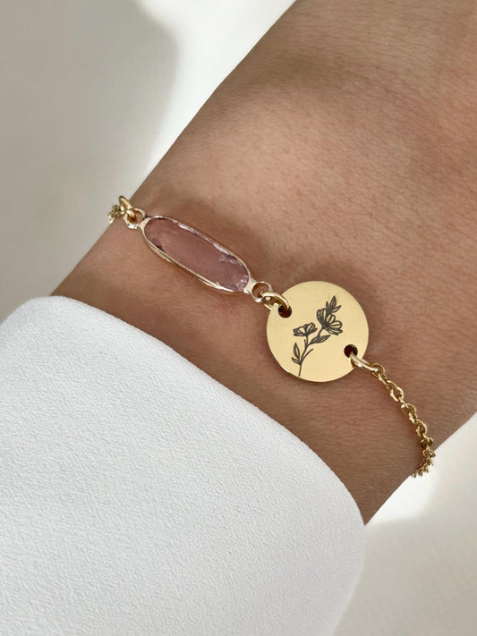 Bracelet personnalisé fleur de naissance, bracelet pierre de naissance, bracelet acier inoxydable doré, cadeau marraine,  fête des mères
