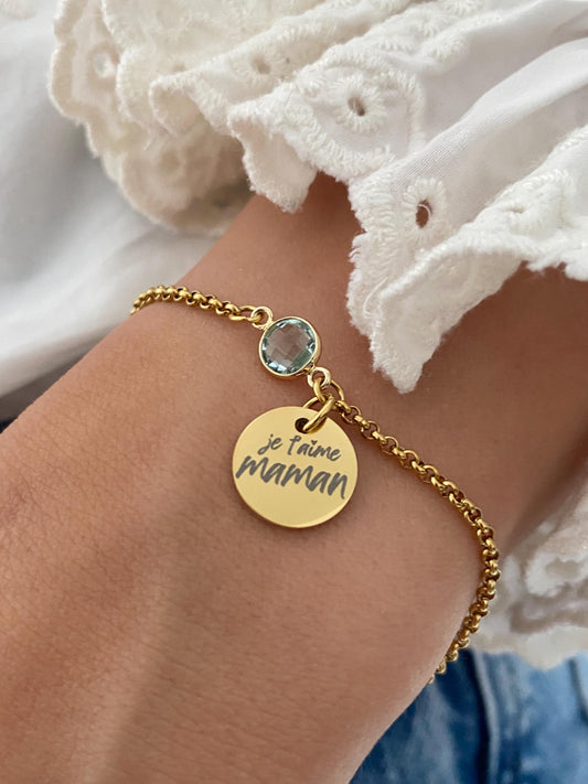 Bracelet Maman Personnalisé en Acier Inoxydable, Bijou Maman Personnalisé avec Pierre de Naissance, Breloque Gravée, Fête des Mères
