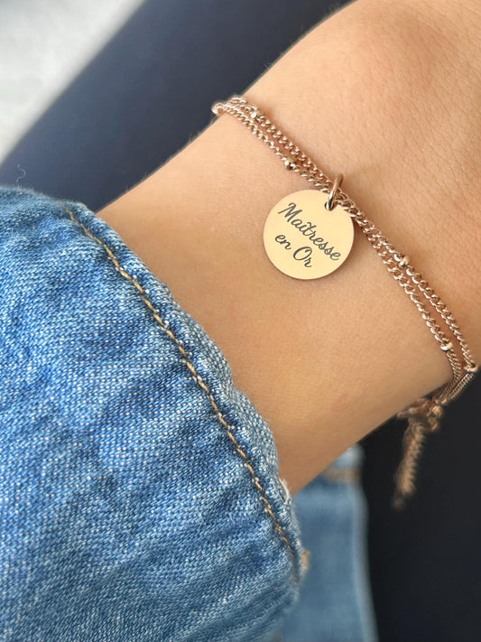 Bracelet double chaîne maîtresse personnalisé, cadeau merci maîtresse, cadeau enseignant, cadeau nounou, ATSEM, cadeau fin d'année