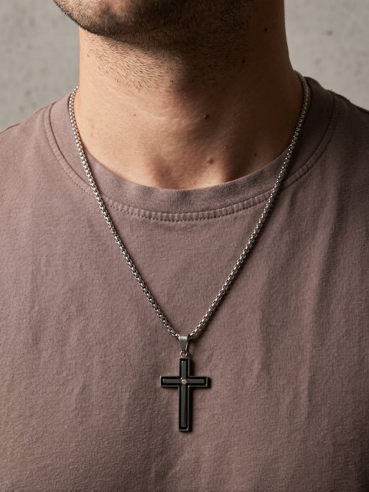Collier pendante croix acier inoxydable argenté, collier chaîne chrétienne, homme, cadeau religieux