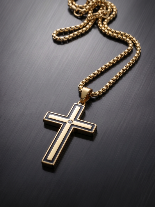 Collier pendante croix acier inoxydable doré, collier chaîne chrétienne, collier homme, religieux