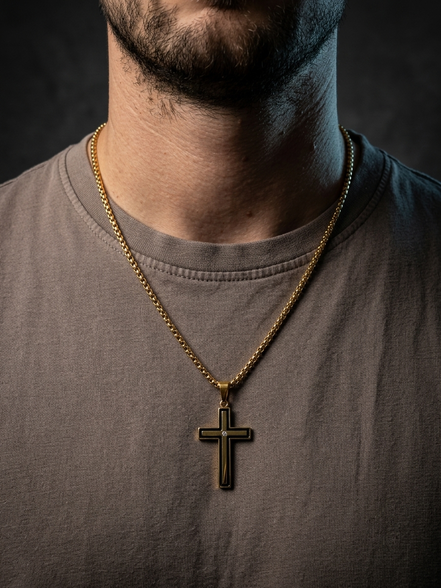 Collier pendante croix acier inoxydable doré, collier chaîne chrétienne, collier homme, religieux