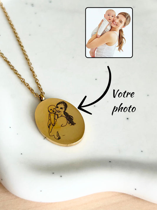 Collier photo personnalisé, collier femme photo gravé, collier pendentif florale avec  portrait personnalisé, cadeau fête des mères