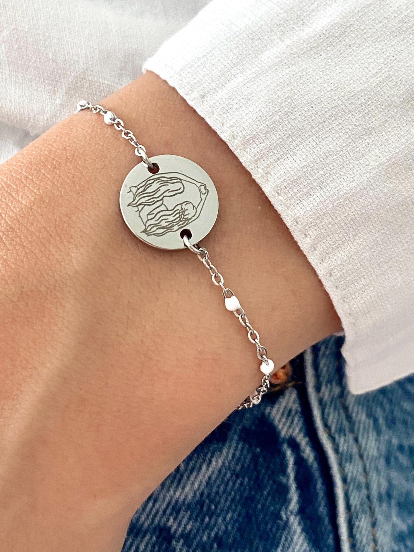Bracelet femme personnalisé en acier inoxydable, bracelet sœur de cœur, bracelet breloque ronde, bracelet chaîne ajustable, cadeau amitié